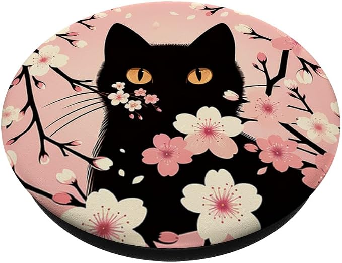 Cat Aesthetic Flower Floral Cherry Blossom Cat Pink Kawaii PopSockets PopGrip for MagSafe