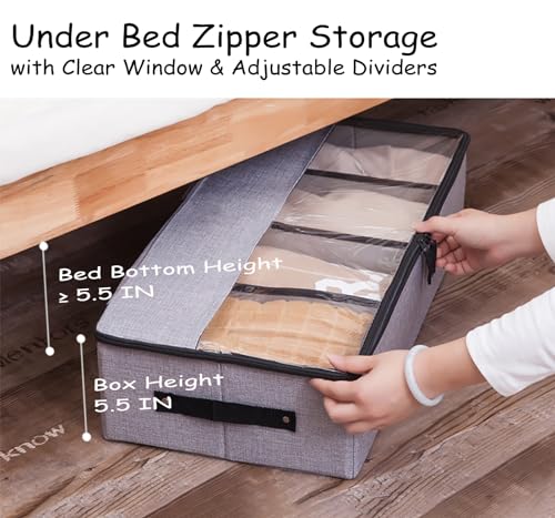 AARAINBOW Foldable Under Bed Clothes Organizer with Lid, Underbed Storage Container with Adjustable Dividers, Clear Window, Gray - color: Gray