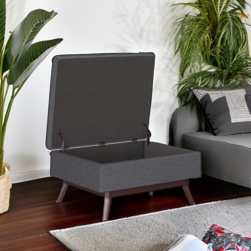 SIMPLIHOME Owen Coffee Table Storage Ottoman - 34 inch Wide Upholstered Linen Look Fabric Rectangular Lift-Top Ottoman in Slate Grey, Mid-Century Modern Bench for Living Room with Tapered Legs
