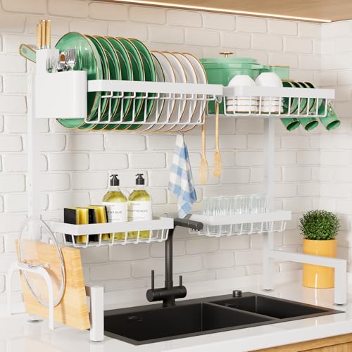 Kitsure Over The Sink Dish Drying Rack - 30.0" to 33.9"x21.5", Adjustable Sink Drying Rack for Kitchen Sink with Multifunctional Baskets, White - color: White, size: Large