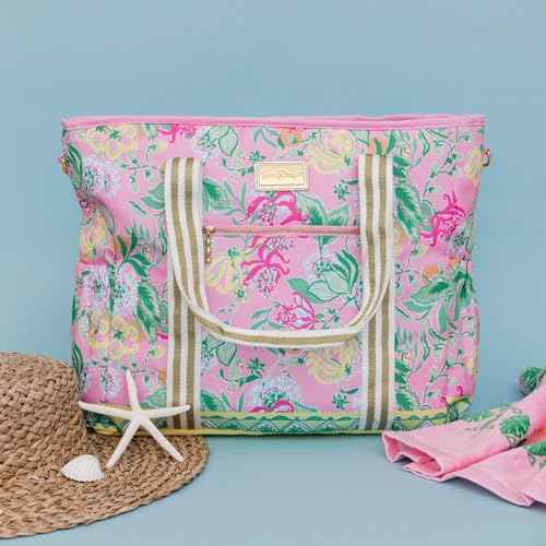 Lilly Pulitzer Pink Picnic Beach Cooler, Insulated Soft Cooler Bag with Adjustable Shoulder Strap and Zippered Top, Large for Groceries or Travel, Via Amore Spritzer