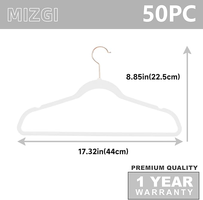 MIZGI Premium Velvet Hangers (50 Pack) Heavy Duty - Non Slip Felt Hangers - White - Rose Gold Swivel Hooks,Space Saving Clothes Hanger,Durable Strong Hanger for Suits,Coats,Dress
