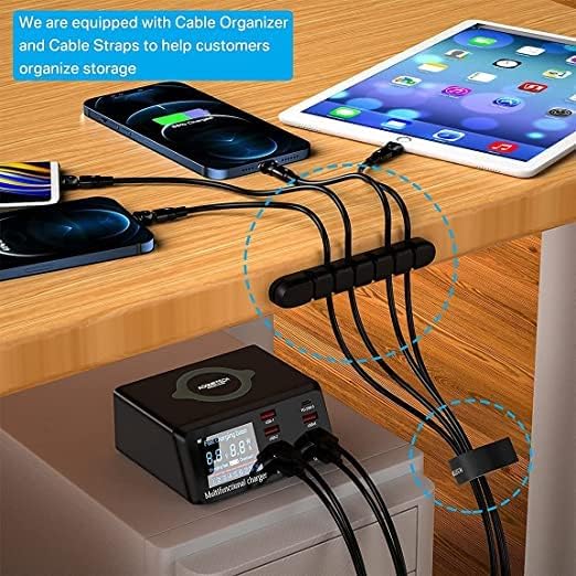 USB Charger Hub ASOMETECH 100W 8-Port Desktop Multiple USB Charging Station with PD Port, Quick Charge 3.0 Port, Wireless Charger, LCD Display Fast USB C Charger for iPhone 12, Tablet and More