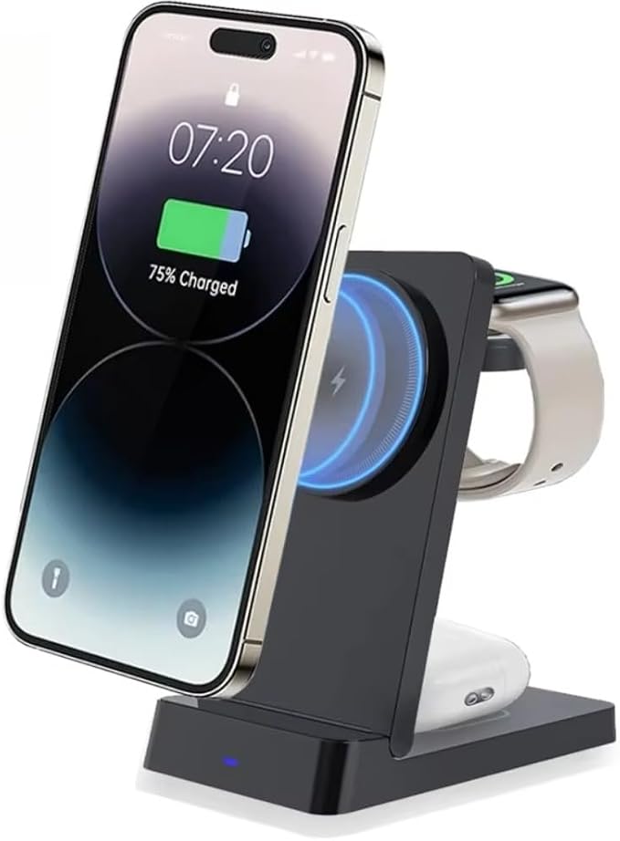 Desk Magnetic 3 in 1 Wireless Charger Stand for Magsafe iPhone 17 16 15 14 13 12 Pro Max iWatch 9~2 SE Airpods Pro Fast Charging (Black)