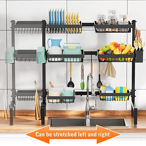 YKLSLH 3 Tiers 6 Baskets Over The Sink Dish Drying Rack Extendable (26.57"-35"), Large Dish Drying Rack, Kitchen Cutlery Drainer Metal Storage Counter Rack - color: Black, size: 3 tiers 6 baskets