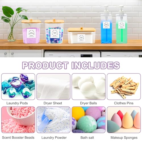 FEXIA 3+2 Pack Laundry Pods Containers and Dryer Sheet Holder with Laundry Detergent Dispenser Laundry Room Organization Storage Containers with Lids and Labels for Scent Booster,Powder,Pods