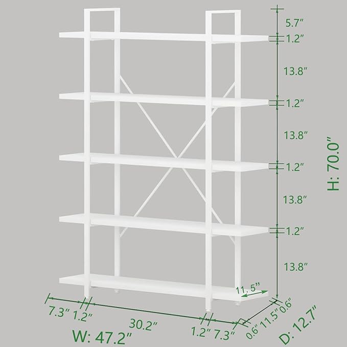 HSH 5 Tier Tall White Bookshelf, Metal and Wood Storage Book Shelves for Bedroom Living Room Office, Modern Large White Bookcases and Bookshelves 5 Shelf, Farmhouse Open Vertical Display Book Shelf