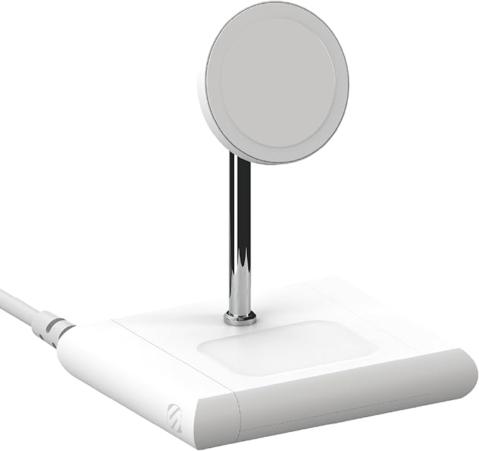 Scosche BL2MSiQWT-AP BaseLynx™ 2.0 2-in-1 Modular Charging Station with MagSafe, 15W Fast Wireless Charging Phone Stand Compatible w/Apple iPhone 15/14/13/12 Series, 5W Charger Pad for AirPods, White