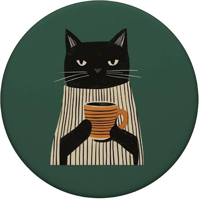 Black Cat Holding Coffee Cup Illustration PopSockets Adhesive PopGrip