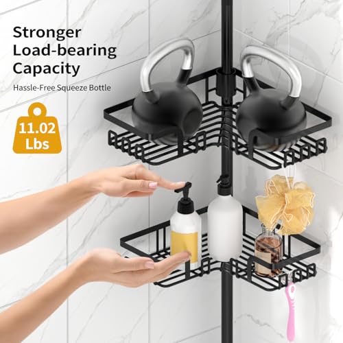 KEGII Shower Caddy Tension Pole with 2 Towel Bars, Corner Shower Organizer Shelves for Bathtub Shampoo Storage, Adjustable Shower Tension Rod with Razor Holder & Hooks - style: Tension Pole with 2 Towel Bars-Black