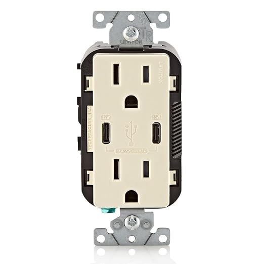 Leviton 30W (6A) USB Dual Type-C/C Power Delivery In-Wall Charger with 15A Tamper-Resistant Outlet USB Charger for Smartphones Tablets Laptops T5635-E Black