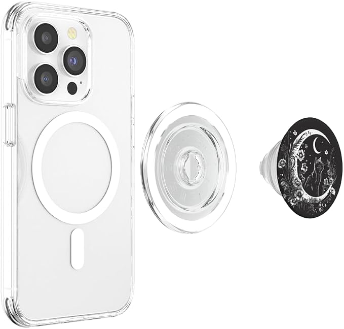 Cat Sitting On Crescent Moon Flowers Stars Drawing PopSockets Adhesive PopGrip