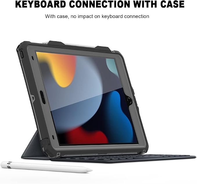 10.2 Waterproof Case Compatible with iPad 9th 8th 7th Generation 2021/2020/2019 Built-in Screen Protector with Strap Stand Pencil Holder Full Body Heavy Duty Protective Shockproof