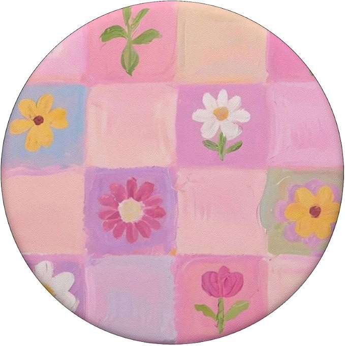 Pink Pastel Floral Check Pattern PopSockets PopWallet for MagSafe