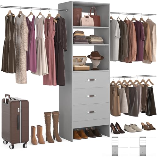 Homieasy 96 Inches Closet Organizer System, 8FT Customizable Walk In Closet Organizer with Hanging Rods, 3 Drawers Garment Rack with Leather Handle , 96" L x 16" W x 75" H, Max Load 1000 LBS, Grey - color: Grey