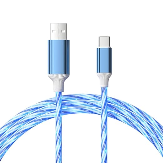 IHAO Multi Ports Light-Up USB Cable USBA to USBC/MicroUSB Cable Durable Fast Charging Cable with Visible Current Flow As Night Light Use-3in1 Blue