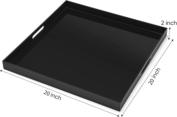 20×20 inches Oversized Black Acrylic Ottoman Tray Extra Large Decorative Tray Spill-Proof Serving Trays with Handles King-Size Safe Edge Organizer for Coffee Table Countertop Breakfast