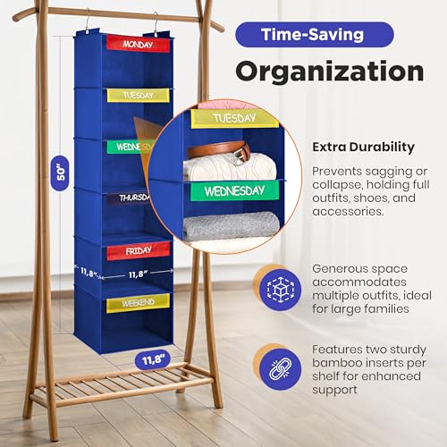 Handy Laundry Hanging Clothes Organizer for Kids - 6-Shelf Closet Daily Clothing Organization Labeled Shelves with Days of The Week Monday Through Friday, Weekday and Weekend (Blue) - color: Blue