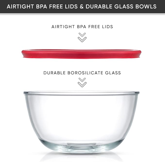 JoyJolt Kitchen Mixing Bowls - 8pc Glass with Lids Set – Neat Nesting Large Bowl Batter Cooking Storage and Big Salad BPA-Free Red