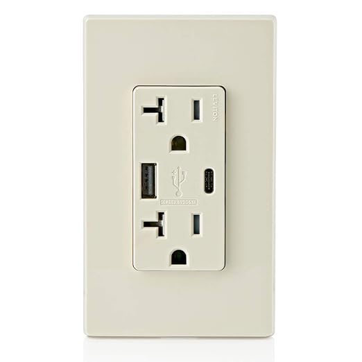 Leviton Type A &amp Type-C USB In-Wall Charger with 20A Tamper-Resistant Outlet USB Charger for Smartphones and Tablets. Not for Laptops T5833-E Black