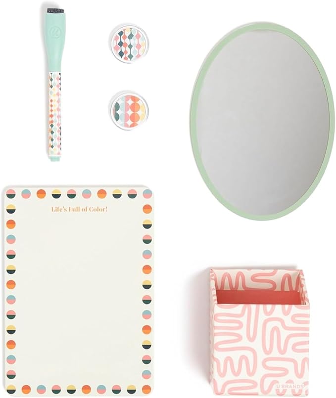 U Brands Magnetic Locker Accessories and Decorating Kit, 6 Piece Set, Colorful Cubist, Back to School Essentials, Whiteboard, Mirror, and More