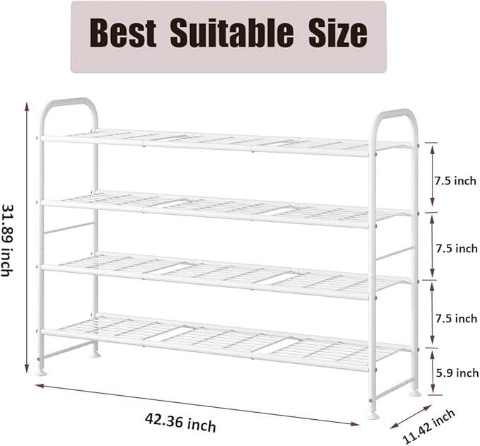 LINZINAR Shoe Rack Long 4 Tier Shoe Storage Organizer Metal Wide Shoe Shelf for Closet Entryway Bedroom 30 Paris Large Capacity, White