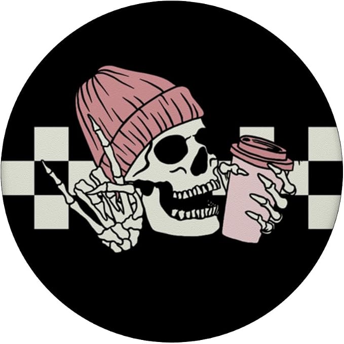 Skeleton Peace Sign Coffee Checkerboard PopSockets Adhesive PopGrip