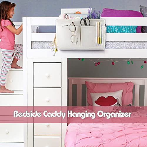 Bedside Caddy Hanging Storage with Water Bottle Holder for Bunk Bed Hospital Bed Dorm Rooms (White) - color: White