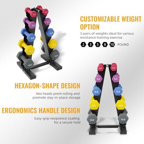 Fitvids Neoprene Coated Dumbbell Set with Rack, Free Hand Weight Set For Home Gym Workout, Anti-Slip, Anti-roll, Multiple Weight Options, 20LBS, 32LBS, 50LBS and 56LBS Sets