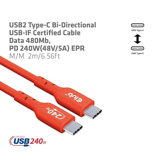 Club 3D CAC-1511 USB2 Type C to Type C Certified Bi-Directional Cable with 240W Charging 480Mb Data Transmission EPR 1m - 3.28ft