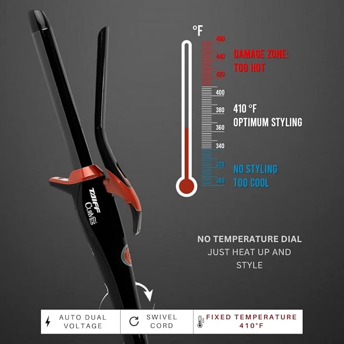 TAIFF Curves Professional Black Titanium Curling Iron – High-Performance Hair Curler & Rizadora para Cabello with Dual Voltage | Fixed Temperature 410°F | 3/4”