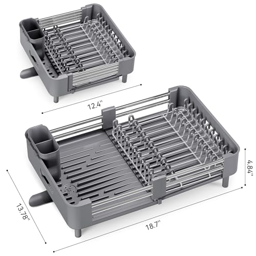 Urackify Stainless Steel Dish Drying Rack - Dish Drainer for Kitchen Counter, Extendable Drainboard with Foldable, Space-Saving Cup & Bowl Organizer, Includes Knife and Utensil Holder, Gray - color: Gray