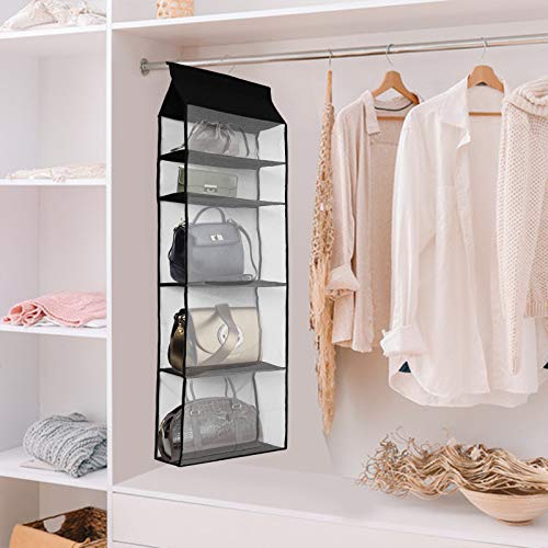 Improved Closet Handbag Purse Holder with 5 Large Heavy-Duty Mesh Shelves, Space Saving Hanging Handbag Storage Tote Bag Organizer Holder for Wardrobe Closet(Black) - color: Black