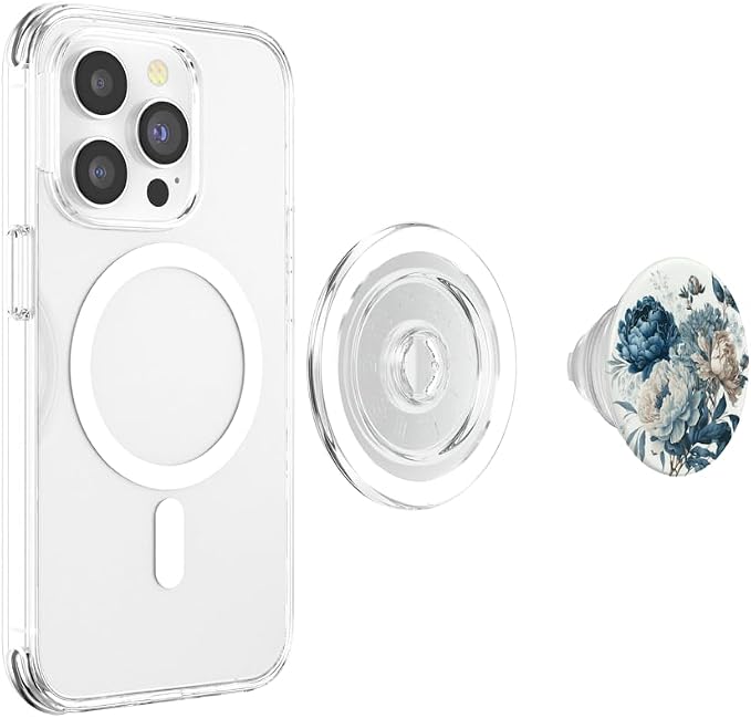 Navy Blue Peonies Blossom Leaves White Flowers Floral Girly PopSockets Adhesive PopGrip