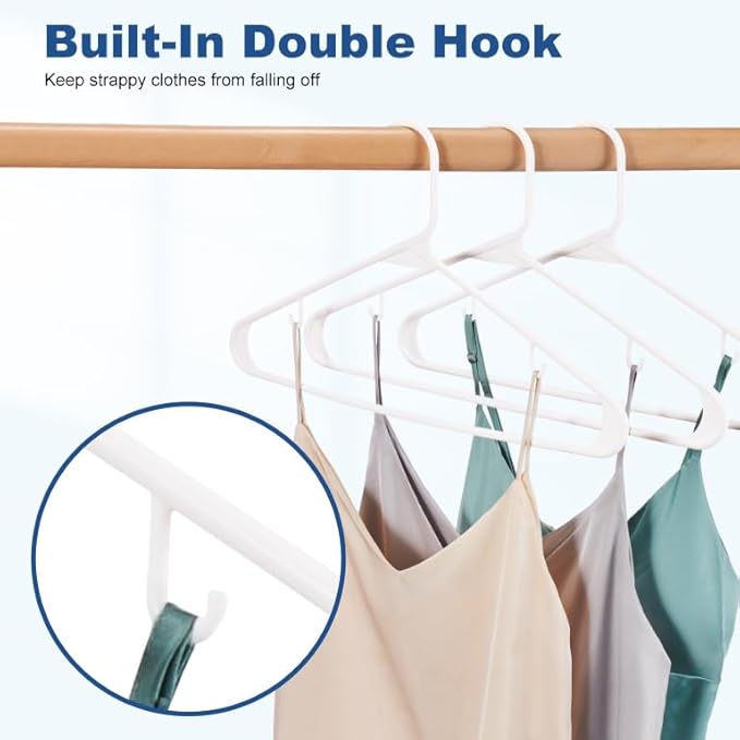 HOUSE DAY White Plastic Hangers 10 Pack, Plastic Clothes Hangers with Built-in Hooks, Durable and Strong Coat Hanger for Closet, Space Saving Clothing Hanger for Shirts, Coats, Skirt, Dress