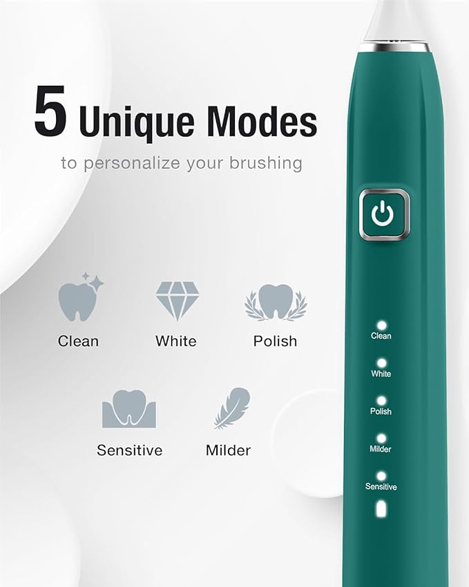 7AM2M Ultrasonic Electric Toothbrush with 6 Brush Heads for Adults&Kids, One Charge for 120 Days, Type-C Charge, 5 Modes, 40000VPM Powered Toothbrush, 2 Minutes Built in Smart Timer (Peacock Green)