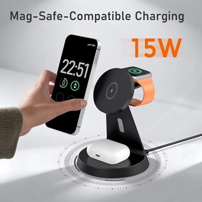 Wireless Charger 3 in 1 for Magsafe iPhone 17 16 15 14 13 12 Apple Watch 11 10 9 8 7 AirPods 4/3 Pro2/1 Fast Charging Station (Black)