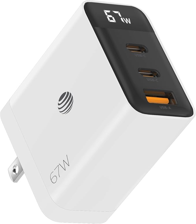 AT&ampT Essentials Multi Port 67W GaN Wall Charger with LED Display (2 USBC + 1 USBA) - White