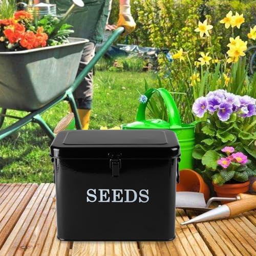 Seed Storage Organizer, T-Shape Compartment Seed Box with Safety Lock, Metal Seed Saving Box, Portable Seed Bin Container with Handle, Including 2 Pens 20 Plant Labels 50 Seed Envelopes-Black - color: Tall-Black