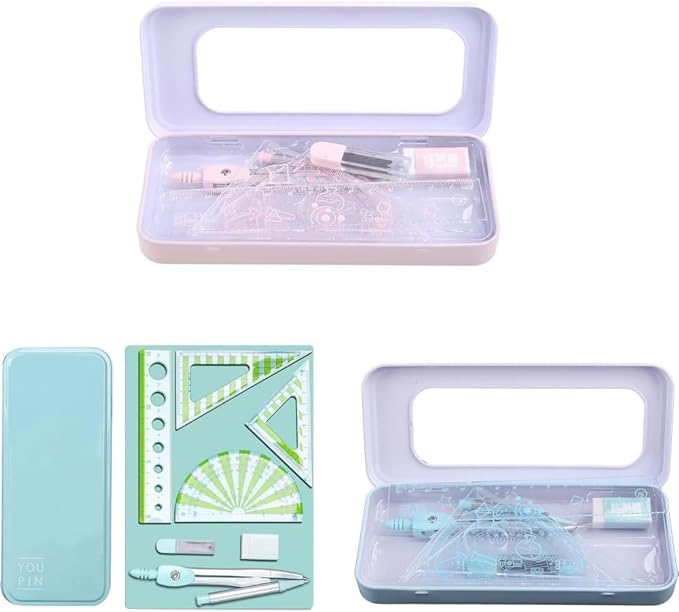7Pcs Compass/Math Set for Students with Shatterproof Storage Box, Geometry Set for School, Includes Ruler, Protractor and Compass Set, Pencil Sharpener and Eraser for Drafting Tools