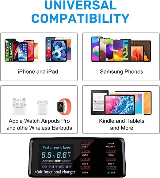 USB Charger Hub ASOMETECH 100W 8-Port Desktop Multiple USB Charging Station with PD Port, Quick Charge 3.0 Port, Wireless Charger, LCD Display Fast USB C Charger for iPhone 12, Tablet and More