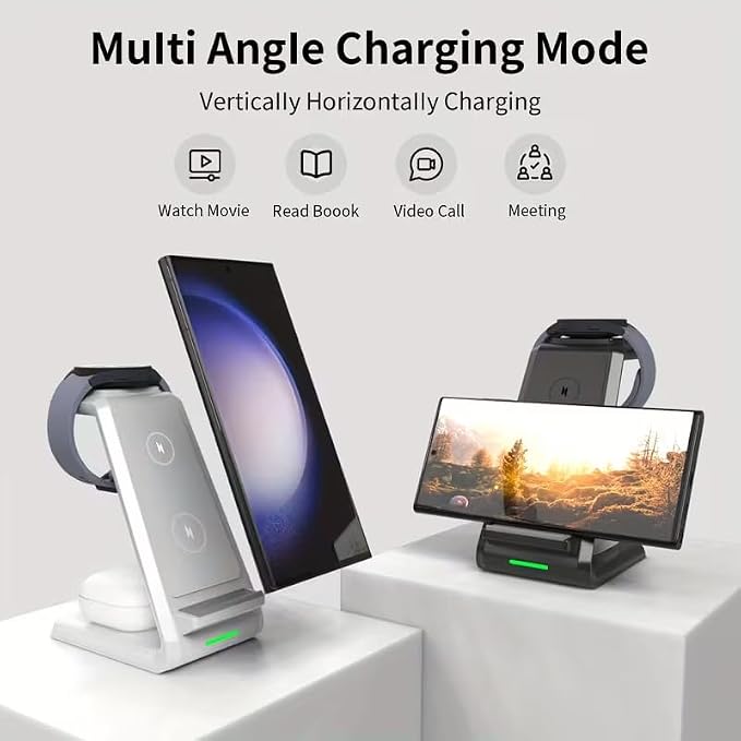 3-in-1 15W Wireless Charger Making the Desktop Cleaner Wireless Charger with Dual CoilWhite