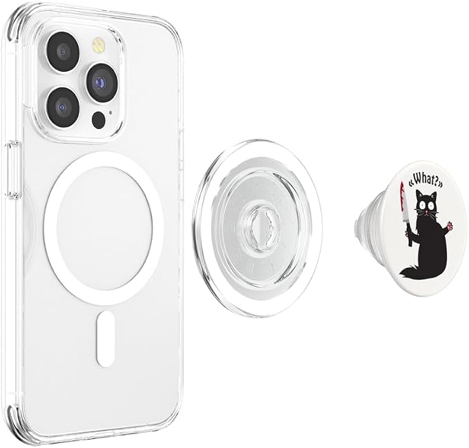 Cat What? Funny Black Cats Gift Fun Murderous Cat with Knife PopSockets PopGrip: Swappable Grip for Phones &amp Tablets PopSockets Standard PopGrip