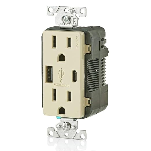 Leviton 30W (6A) USB Dual Type-C/C Power Delivery In-Wall Charger with 15A Tamper-Resistant Outlet USB Charger for Smartphones Tablets Laptops T5635-E Black