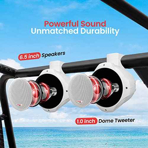 Pyle Waterproof Marine Wakeboard Tower Speakers - 6.5in Dual Subwoofer Speaker Set and 1¡± Tweeter with 200 Watt Power - 2-way Boat Audio Stereo System with Mounting Bracket - 1 Pair - PLMRW65 (White)