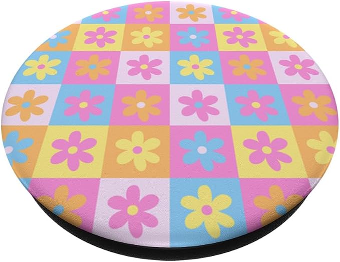 Aesthetic Checker Retro Groovy Flowers in Cream Peach colors PopSockets Adhesive PopGrip