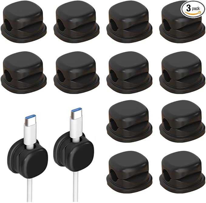 Magnetic Cord Organizer Holder, Upgrade Cord Holder for Nightstand, Adhesive Wire Cable Clips Management Kit for Phone Charger, Computer, Home, Office, Desk, Nightstand (Black, 12 Packs)