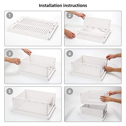Folding Wardrobe Storage Box 4-Pack Plastic Drawer Organizer Stackable Shelf Baskets Cloth Closet Containers Bin Cubes,Home Office Bedroom Laundry Fold Pull Out Dividers for Clothes,Toys White