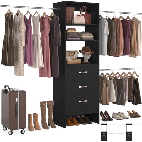 Homieasy 96 Inches Closet Organizer System, 8FT Customizable Walk In Closet Organizer with Hanging Rods, 3 Drawers Garment Rack with Leather Handle , 96" L x 16" W x 75" H, Max Load 1000 LBS, Black - color: Black