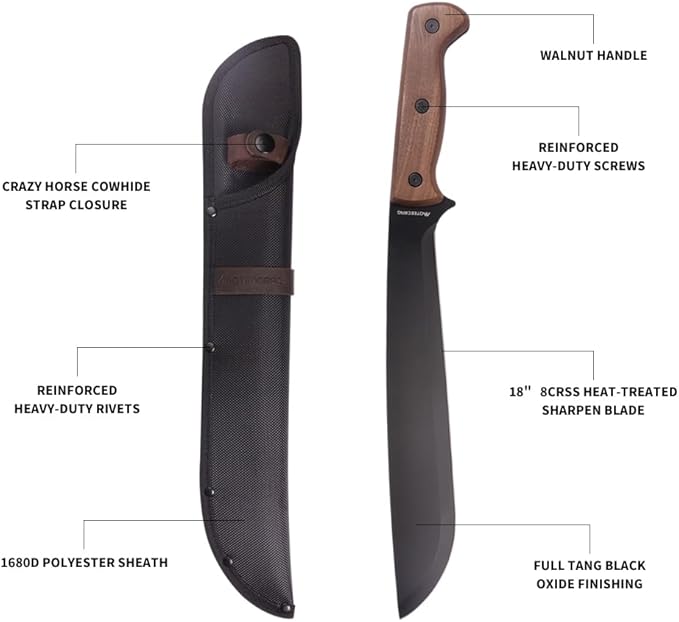Machete for Cutting Trees Heavy Duty with Sheath for Yard Work Controlled Chopping, Cutting, Gardening, Camping and Bushcraft